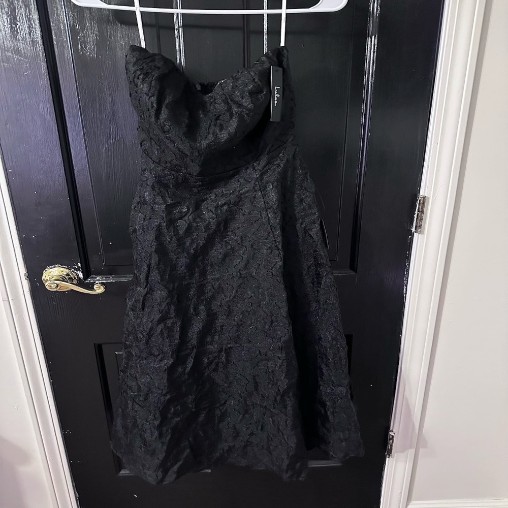 Lulu's Toast to Tonight Black Textured Burnout Strapless Midi Dress